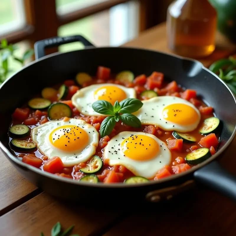 Sartén antiadherente con piston manchego humeante: calabacín, pimiento y tomate sofritos, coronados con huevos escalfados de yema líquida. Plato tradicional de la huerta española.