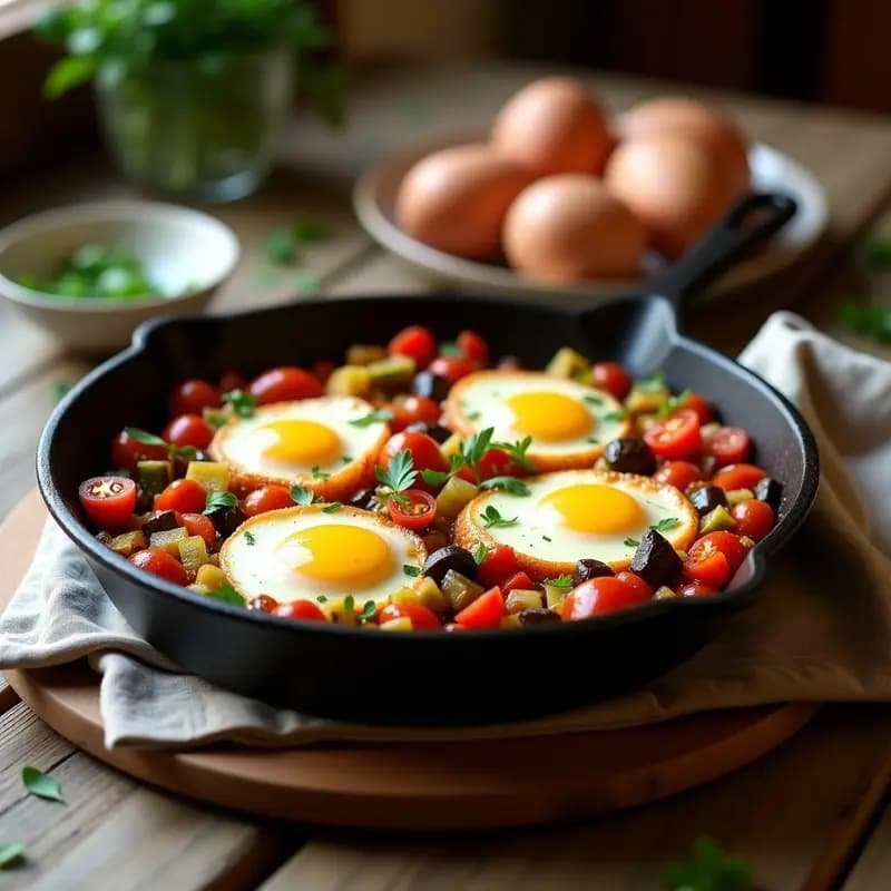 Sartén de hierro con pistos manchegos de verduras troceadas (pimiento rojo, verde, calabacín y berenjena) y cuatro huevos escalfados con yema líquida sobre el sofrito. Espolvoreado con perejil fresco. Plato tradicional español de aprovechamiento de temporada.