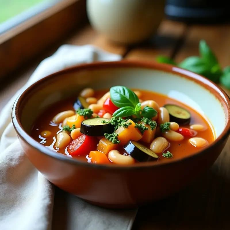 Plato hondo de barro con pistou de verduras y judías blancas, cubierto con un vibrante pesto verde de albahaca y ajo, rodeado de trozos de calabacín, berenjena y tomate. Receta francesa vegana y sin lácteos.
