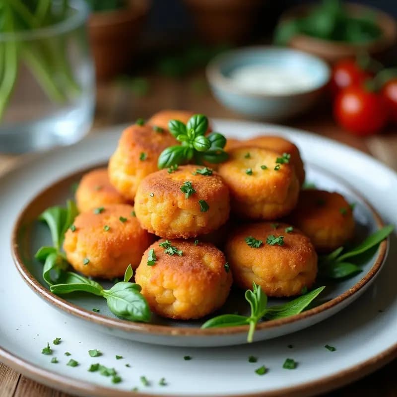 Croquetas griegas Pitaroudia de garbanzos y hierbas frescas doradas en Airfryer, servidas en plato blanco con hierbas verdes y rodajas de limón, textura crujiente y aperitivo saludable sin gluten.