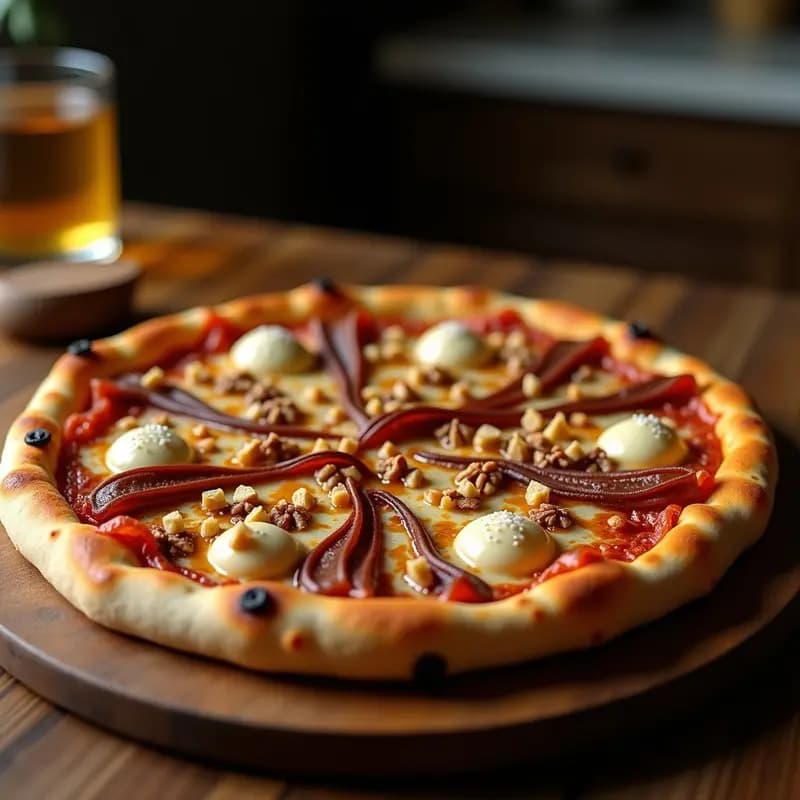 Pizza redonda con base dorada, cubierta de queso fundido de cuatro tipos, jamón serrano, cebolla caramelizada y puntos de Nutella brillante. Espolvoreada con nueces picadas, hilos de miel y un toque de sal fina. Receta dulce-salada pizza 4 quesos y Nutella.