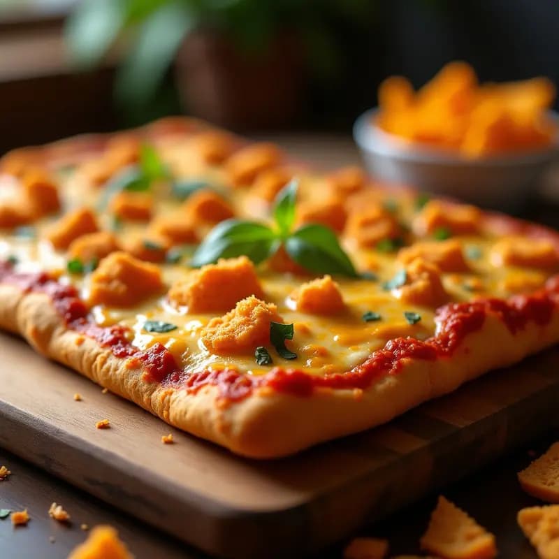 Pizza rectangular con base dorada de Doritos nacho, cubierta de cinco quesos derretidos y trozos de pan pull apart dorado. Textura crujiente y jugosa, receta hipercalórica para amantes de la comida chatarra.