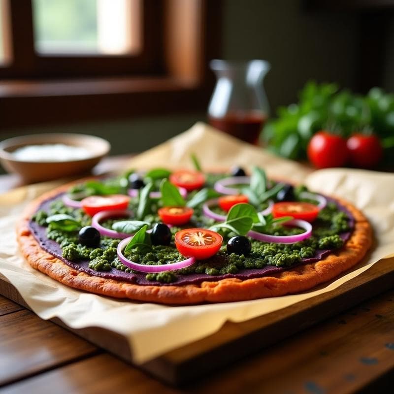 Pizza redonda vegana sin harina con base morada vibrante de batata, cubierta de pesto de rúcula verde intenso, tomates cherry rojos, cebolla morada en juliana y aceitunas negras, servida en bandeja de horno sobre papel vegetal.