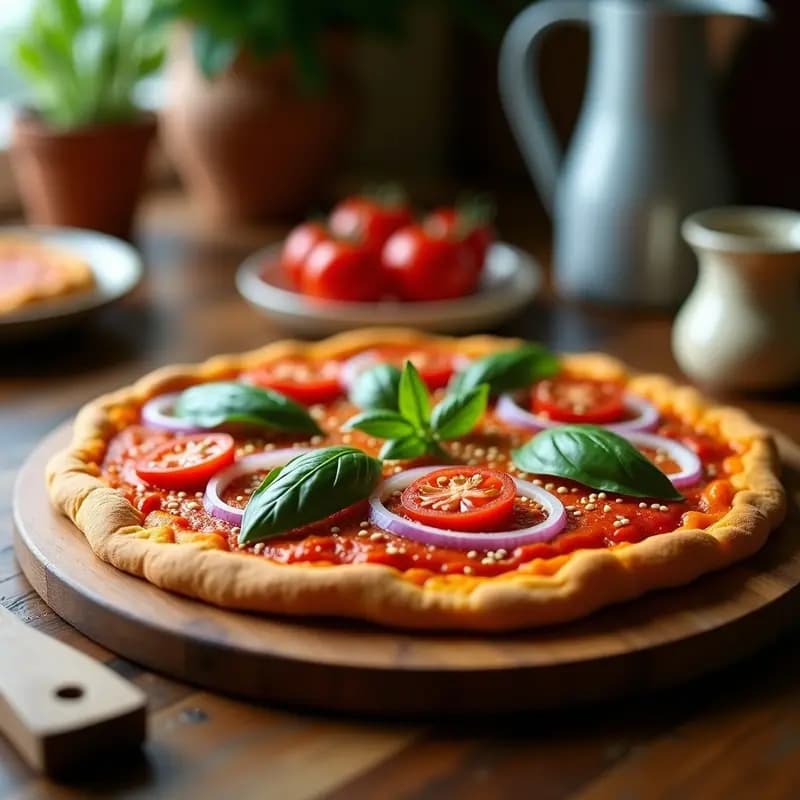 Pizza catalana vegana y sin gluten con base dorada de batata, cubierta de salsa romesco oscura, berenjena asada, cebolla caramelizada y rúcula fresca, espolvoreada con semillas de sésamo.
