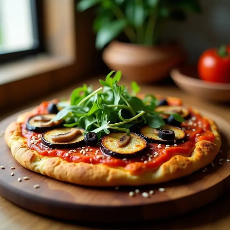 Pizza vegana sin horno con base dorada de garbanzos y toppings de berenjena asada en rodajas, champiñones, aceitunas y rúcula fresca, servida en tabla de madera rústica con semillas de sésamo visibles.
