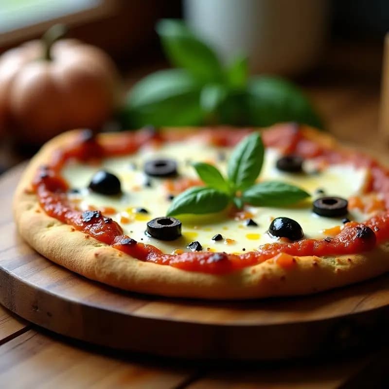 Pizza individual de berenjena asada con base crujiente de harina de almendra, cubierta de tomate triturado, mozzarella vegana derretida, aceitunas negras y albahaca fresca, dorada y servida en plato rústico.