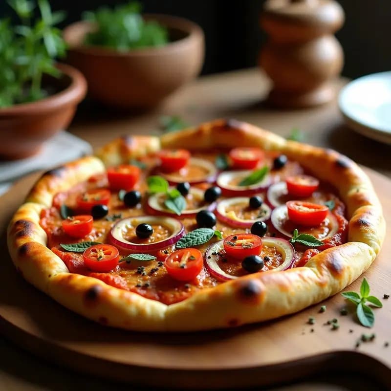 Pizza vegana en airfryer con base de berenjena y harina de garbanzo, cubierta de tomate seco, aceitunas negras y cebolla morada, dorada y crujiente.