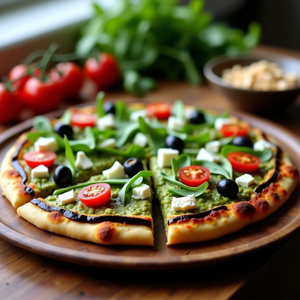 Pizza de berenjena keto con base dorada de rodajas gruesas, cubierta de pesto de rúcula verde intenso, queso de cabra desmenuzado blanco, tomates cherry rojos y aceitunas negras, horneada a la perfección.