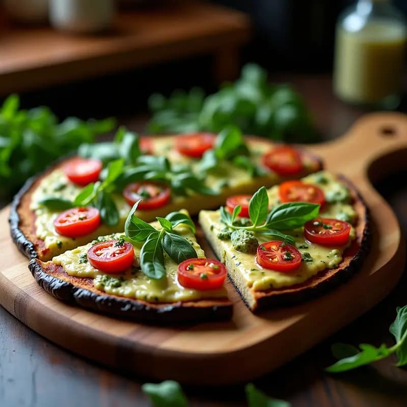 Pizza keto de berenjena asada con base crujiente, cubierta de salsa pesto verde cremosa de albahaca y anacardos, decorada con espinacas frescas, tomates secos en tiras y semillas de chía, servida en plato blanco rústico.