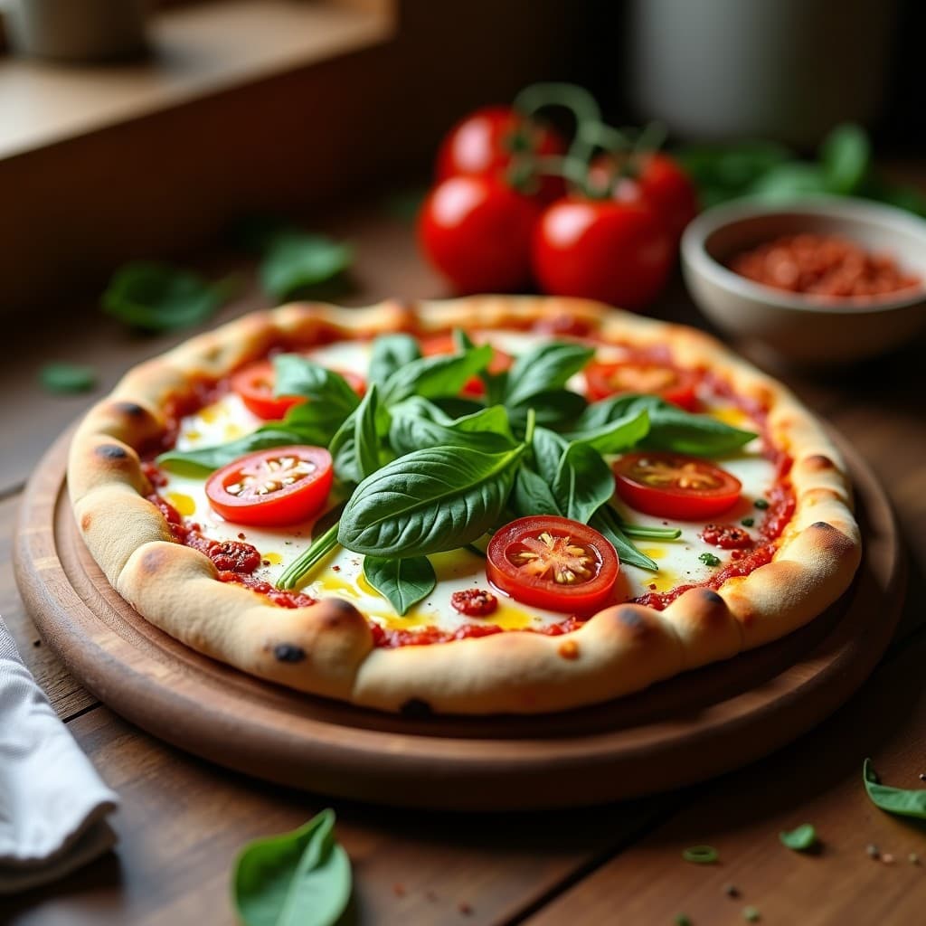 Pizza keto italiana de base de berenjena asada con queso de anacardos cremoso, tomates cherry y rúcula fresca, servida en bandeja rústica de madera.