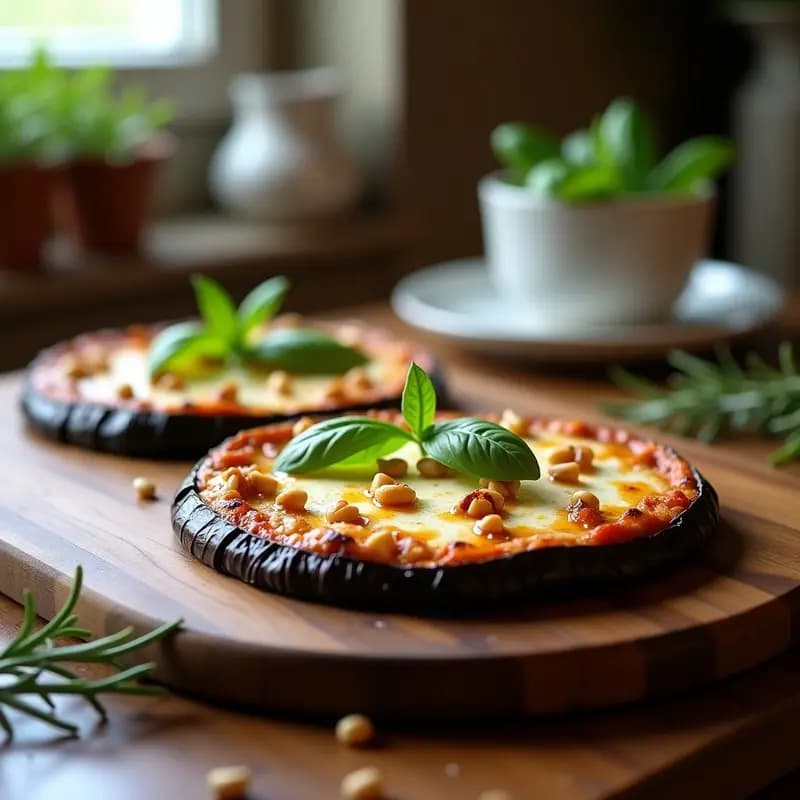 Pizza de berenjena asada en airfryer con queso de cabra desmenuzado derretido, hilo de miel de romero y hojas de albahaca fresca sobre una tabla de madera rústica, receta italiana saludable.