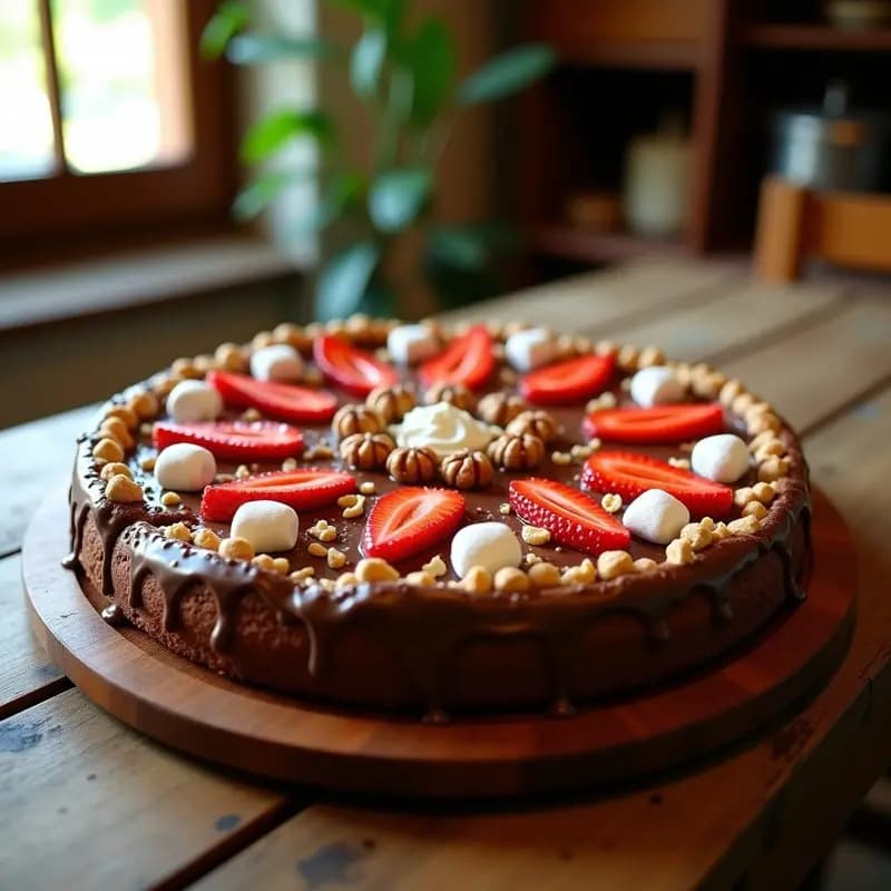 Pizza de postre XXL con base de brownie oscuro, capa gruesa de Nutella brillante, rodajas de fresas frescas, marshmallows dorados y trozos de chocolate y nueces. Textura húmeda y jugosa, servida en bandeja redonda sobre fondo rústico.