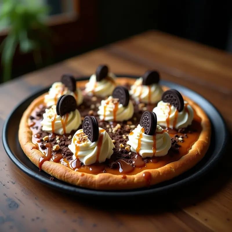 Pizza dulce redonda con base de galleta dorada, cubierta de caramelo brillante y chocolate derretido, coronada con bolas de helado de vainilla, galletas Oreo troceadas, virutas de chocolate blanco y nueces picadas, servida en plato negro con salsa de chocolate chorreando.