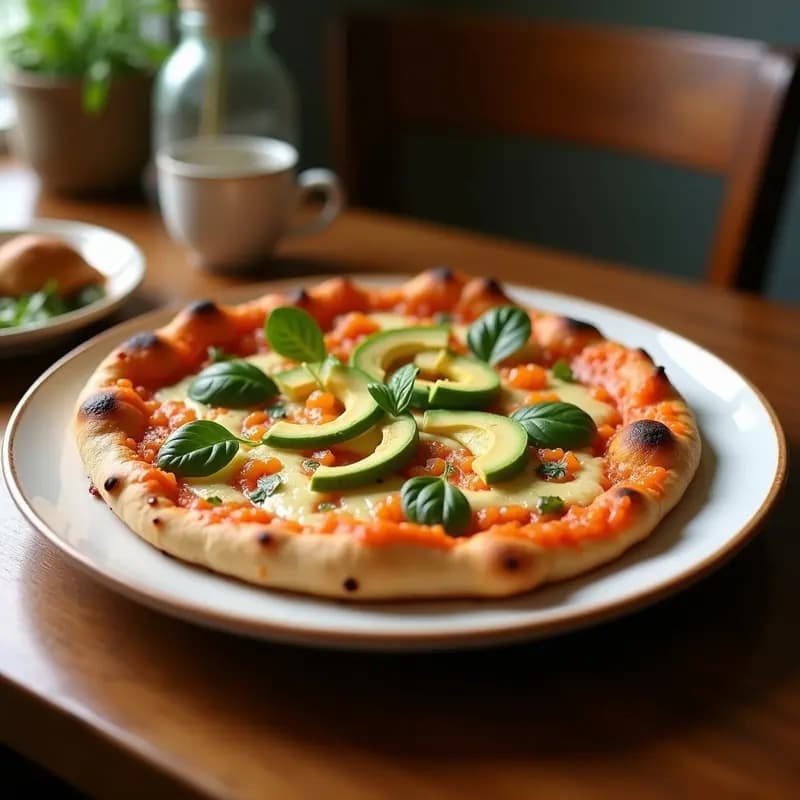 Pizza keto crujiente de clara de huevo dorada con toppings de aguacate en láminas verdes, huevas de salmón naranjas y semillas de sésamo negro, decorada con eneldo fresco sobre fondo blanco.