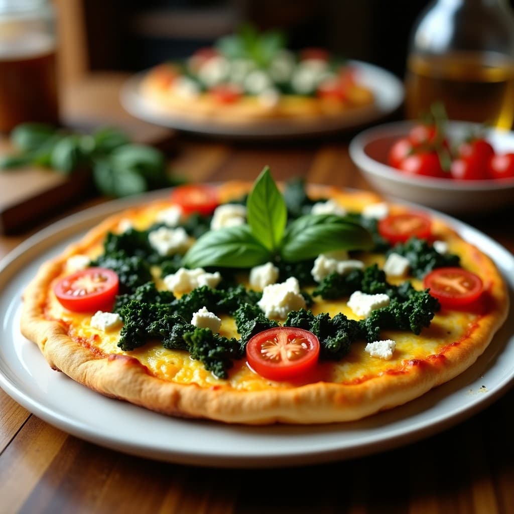Pizza sin harina con base dorada de huevo, cubierta de col rizada verde salteada, queso de cabra desmenuzado y tomates cherry rojos. Decorada con hojas de albahaca fresca sobre un fondo rústico de madera.