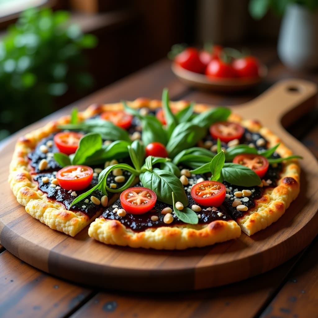 Pizza italiana keto de coliflor con base dorada y crujiente, cubierta de salsa de ajo negro oscura, queso mozzarella derretido, tomates cherry rojos y rúcula fresca verde, decorada con almendras fileteadas y un chorrito de vinagre balsámico.