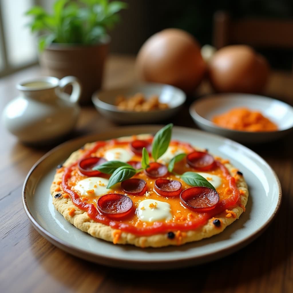Pizza keto en airfryer con base dorada de coliflor, chorizo ibérico en trozos, pesto de pimentón rojo y cebolla morada, decorada con perejil fresco sobre fondo rústico.