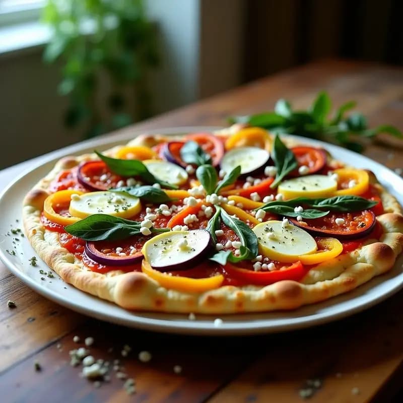 Pizza keto con base dorada de claras y coliflor, decorada con toppings arcoíris de berenjena morada, pimiento rojo, calabacín amarillo, espinacas verdes y queso feta blanco. Receta sin carbohidratos y alta en proteínas.