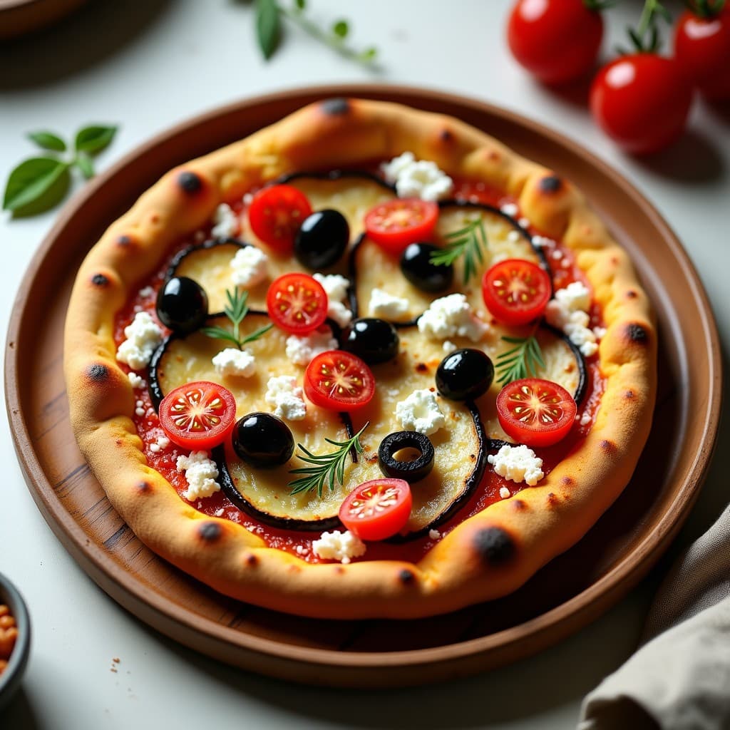 Pizza keto griega con base dorada de berenjena y coliflor, cubierta de tomates cherry, aceitunas kalamata negras y queso feta desmenuzado, espolvoreada con orégano. Plato rústico de madera sobre fondo claro.