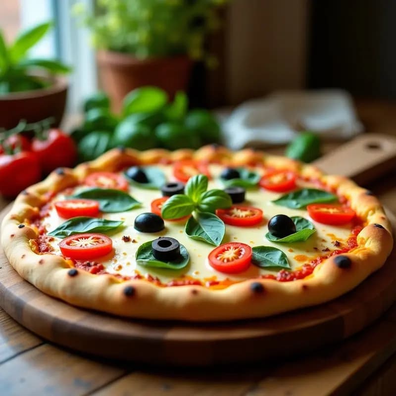 Pizza italiana keto con base dorada de coliflor y espinacas, cubierta de queso vegano cremoso, tomates cherry rojos, aceitunas negras y albahaca fresca, servida en tabla de madera rústica.