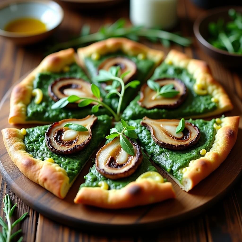 Pizza de coliflor y espirulina con base dorada y crujiente, toppings de champiñones portobello jugosos, queso vegano derretido y rúcula fresca, servida sobre una tabla de madera rústica.