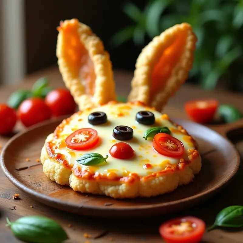 Pizza de coliflor en forma de conejo con base dorada, queso mozzarella derretido, tomates cherry como ojos y aceituna negra como nariz, sobre bandeja de horno blanca. Receta keto para niños, fotogénica y colorida.