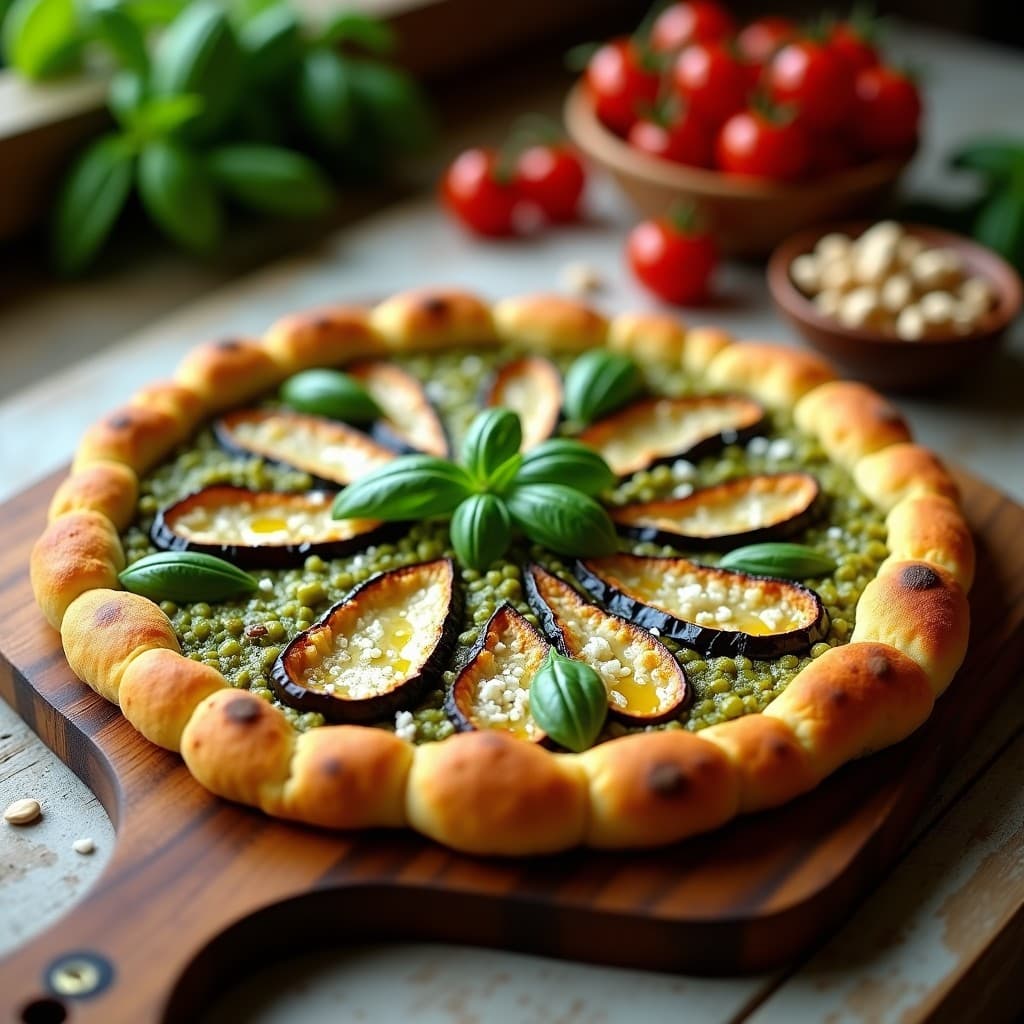Pizza dorada con base de coliflor y harina de garbanzo, cubierta con rodajas de berenjena asada y pesto de albahaca verde brillante, servida en tabla de madera rústica.