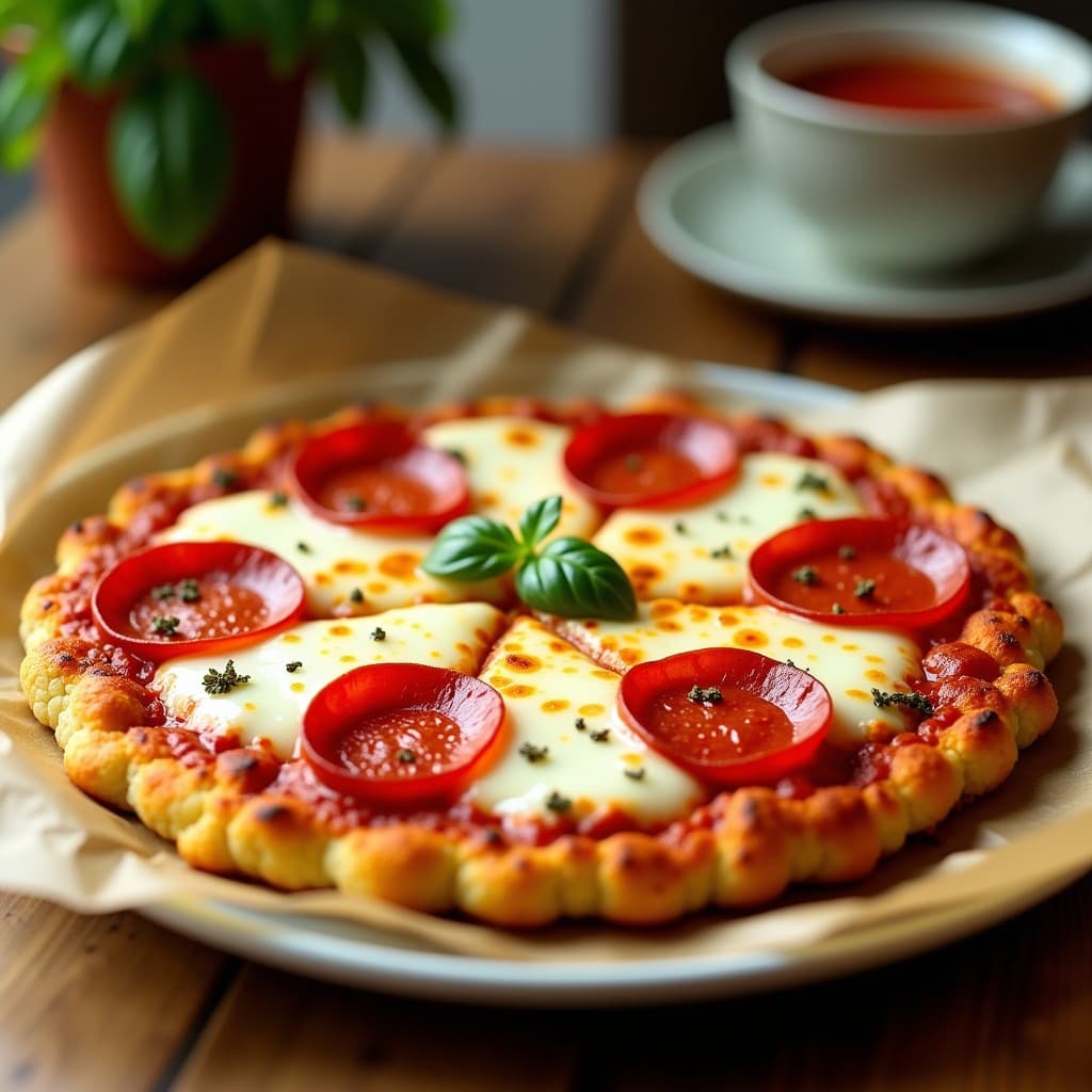 Pizza de coliflor keto dorada y crujiente con pepperoni y queso mozzarella fundido, horneada en airfryer, sobre papel de horno con hierbas frescas.