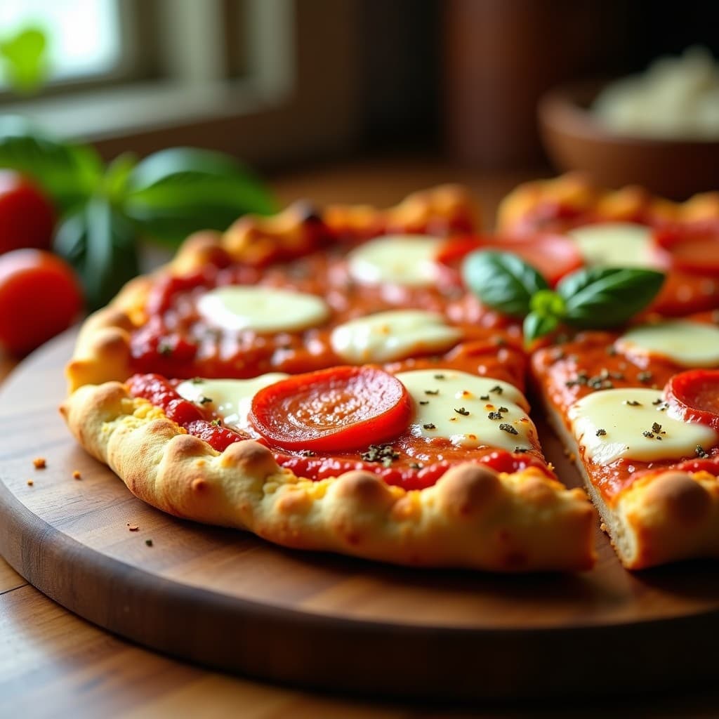 Pizza keto de coliflor con base dorada y crujiente, cubierta de salsa de tomate, queso mozzarella derretido y rodajas de pepperoni, sobre tabla de madera rústica.