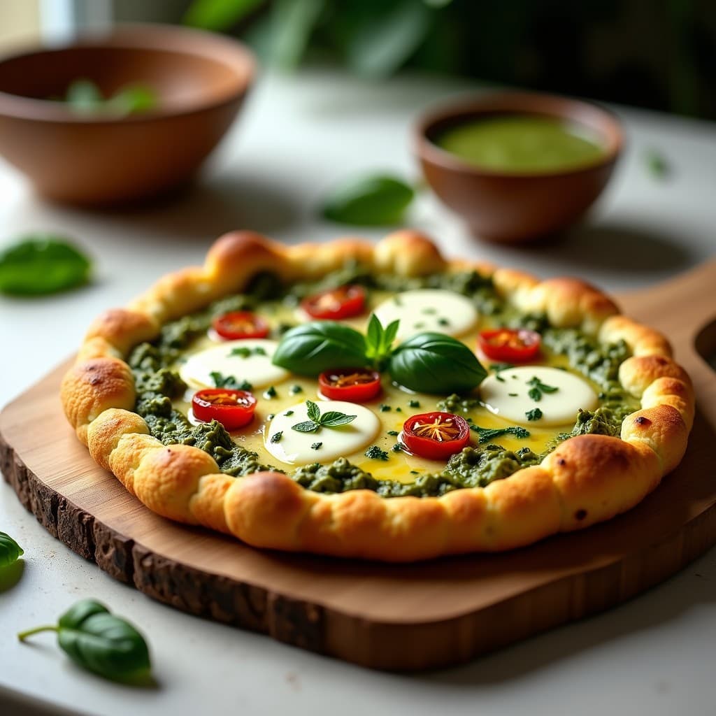 Pizza de coliflor dorada y crujiente con una capa vibrante de pesto de albahaca verde y tomates secos rojos distribuidos por encima. Base ligera y sin gluten, lista para servir en una bandeja de madera rústica.