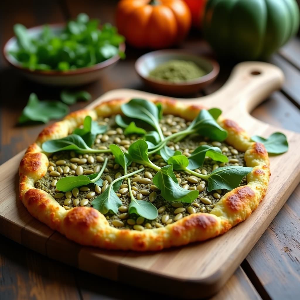 Pizza de coliflor dorada y crujiente con una capa vibrante de pesto de alpes verde oscuro, decorada con rúcula silvestre fresca y semillas de calabaza. Plato keto suizo servido en tabla de madera rústica.