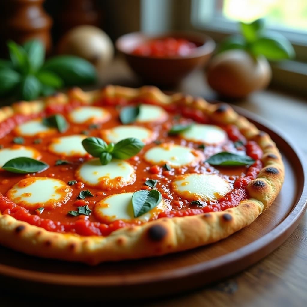 Pizza keto de coliflor con base dorada y crujiente, cubierta de pesto rojo cremoso, mozzarella de búfala derretida y hojas de albahaca fresca, servida en un plato de madera rústico.