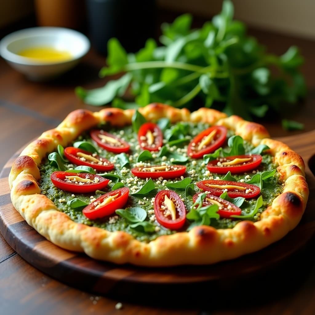 Pizza de coliflor dorada y crujiente con una capa generosa de pesto de rúcula verde intenso, tomates deshidratados en tiras y un toque de levadura nutricional espolvoreada. Plato italiano keto y sin lácteos sobre tabla de madera rústica.