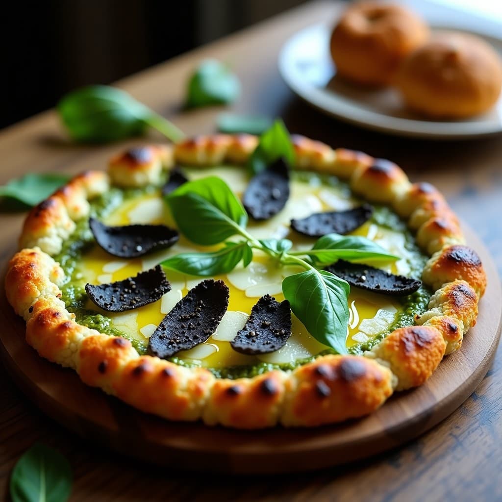 Pizza keto de base dorada y crujiente de coliflor, cubierta con un vibrante pesto verde de rúcula, queso pecorino rallado y virutas oscuras de trufa negra, servida en una tabla de madera rústica con un toque de aceite de oliva brillando bajo la luz.