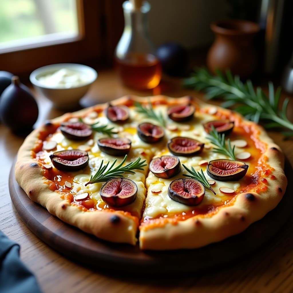Pizza keto sin harina con base dorada de coliflor, cubierta de queso de cabra desmenuzado, higueras caramelizadas brillantes, nueces picadas y hojas de rúcula fresca, sobre una tabla de madera rústica.
