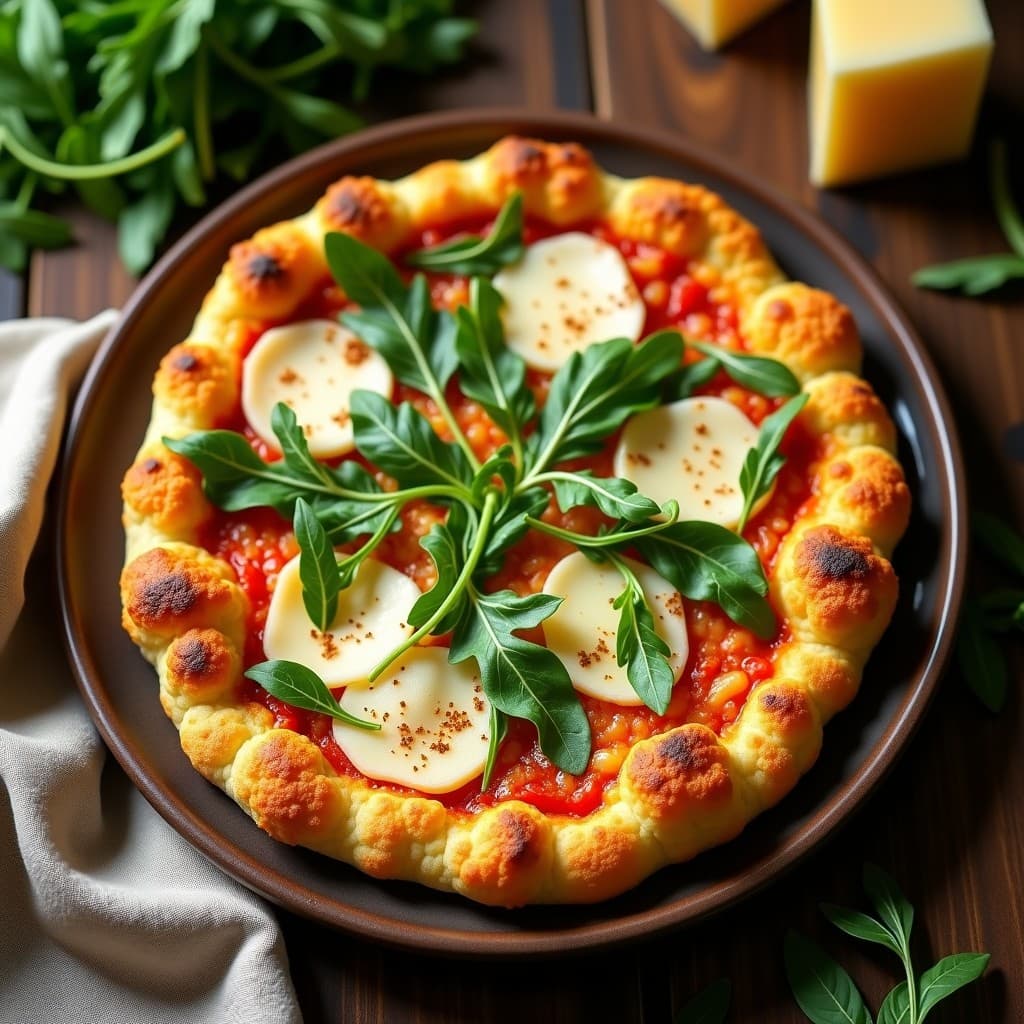 Pizza de coliflor dorada y crujiente en airfryer, cubierta con copos de parmesano derretidos y hojas frescas de rúcula verde, receta keto sin gluten.