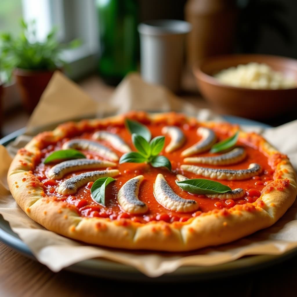 Pizza de coliflor dorada y crujiente con una capa vibrante de salsa de romesco naranja, filetes de anchoas plateados y hojas de albahaca verde fresco, servida sobre un papel de horno rústico. Receta sin gluten y alta en omega-3 en airfryer.