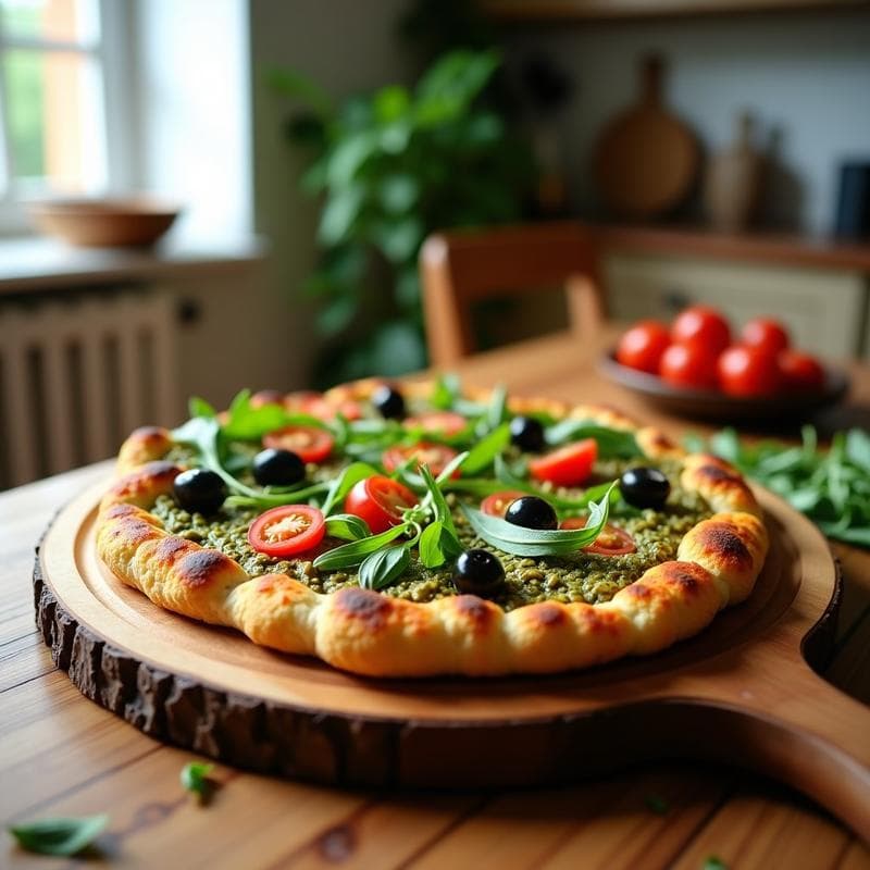 Pizza de coliflor con base dorada de semillas de girasol, cubierta de pesto verde de rúcula, tomates cherry rojos y aceitunas negras, servida en tabla de madera rústica con fondo de cocina moderna.