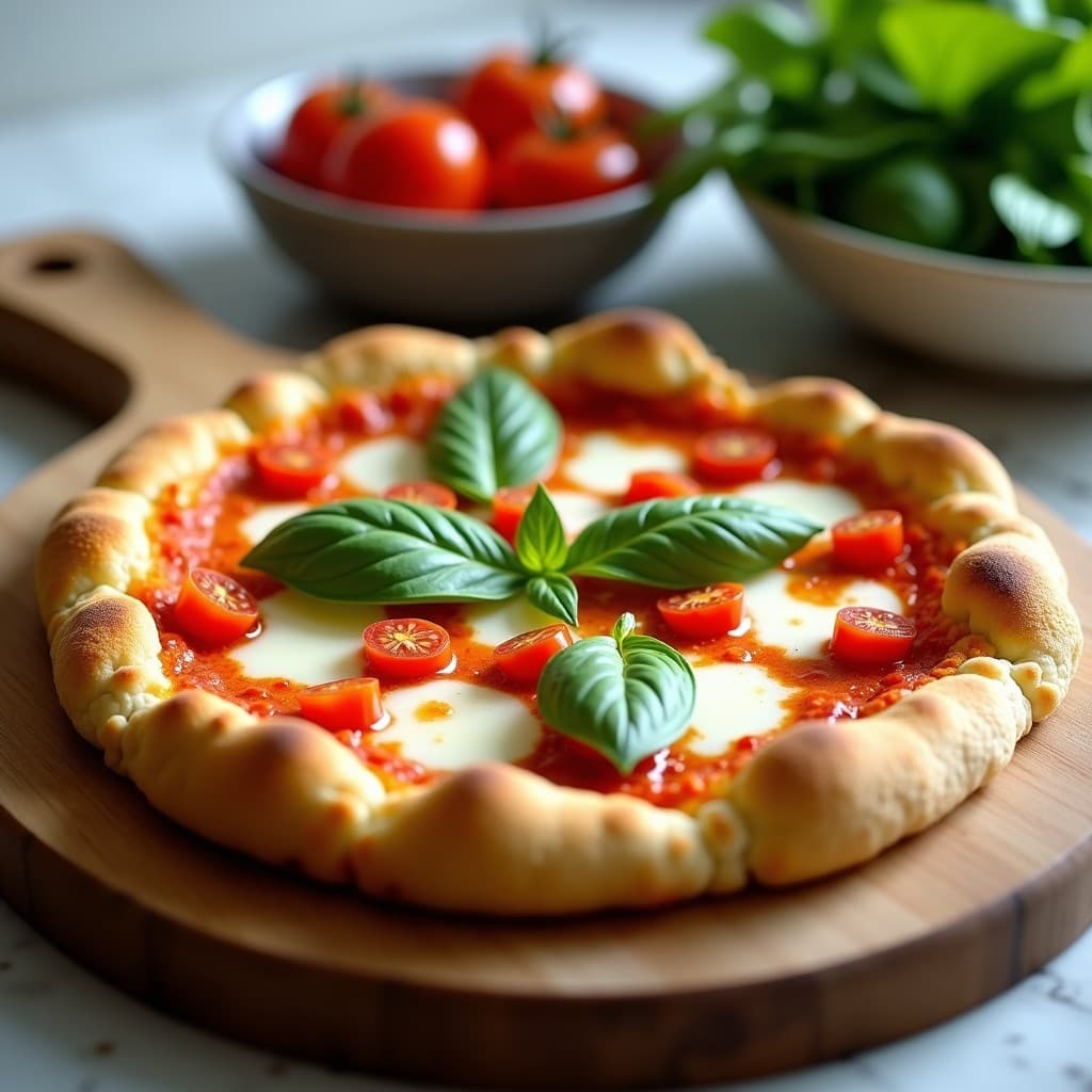 Pizza keto de coliflor con base dorada de semillas de lino, cubierta de tomate ahumado y queso mozzarella gratinado, decorada con albahaca fresca sobre tabla de madera rústica.