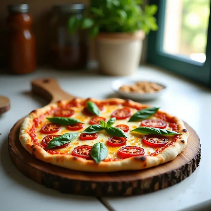 Pizza de coliflor dorada con base crujiente, cubierta de crema de queso de anacardos blanco, tomates secos rojos y hojas de albahaca verde fresca. Receta vegana y sin gluten sobre tabla de madera rústica.
