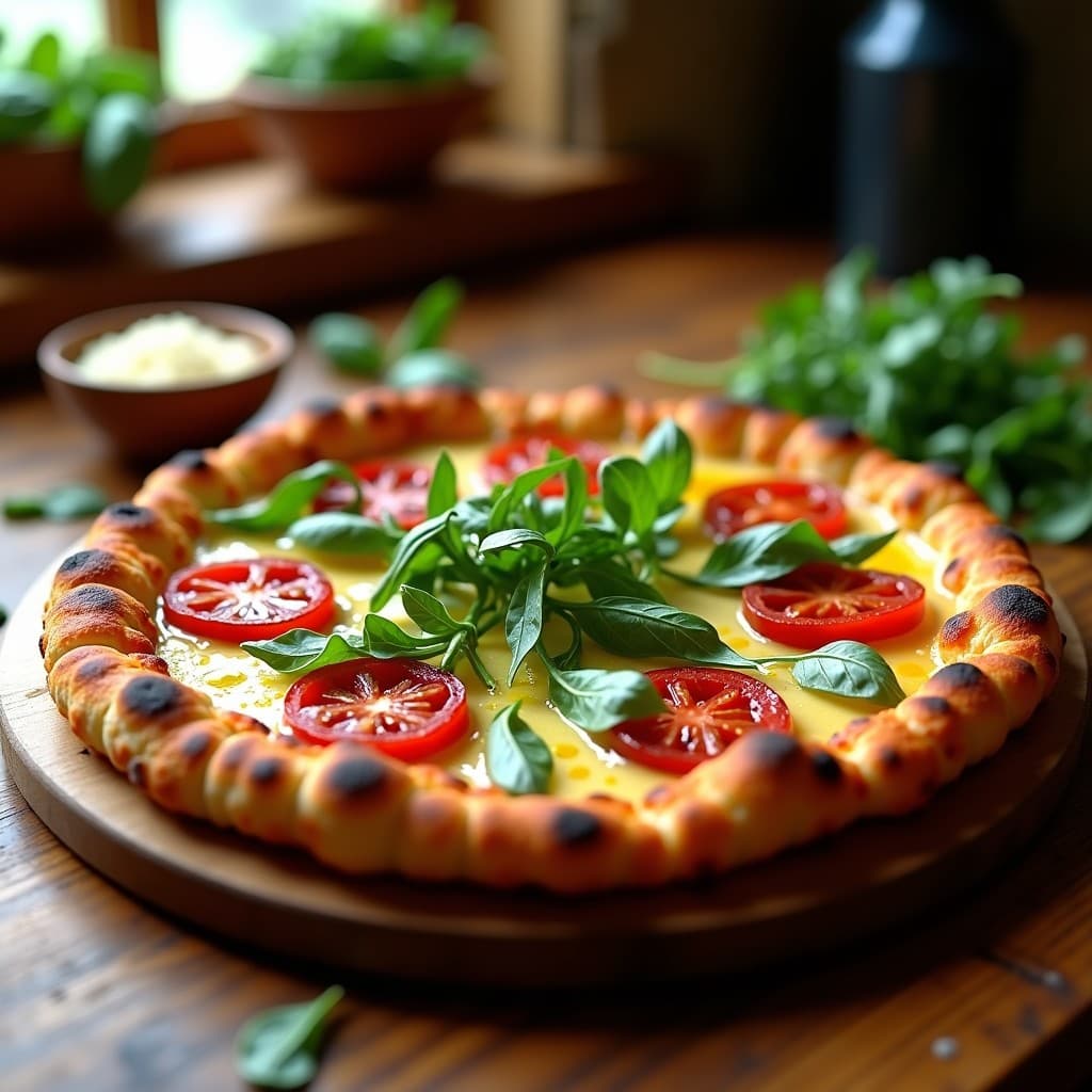 Pizza de coliflor dorada y crujiente con toppings de tomate seco y rúcula fresca, servida en tabla de madera rústica, receta keto italiana en Airfryer.