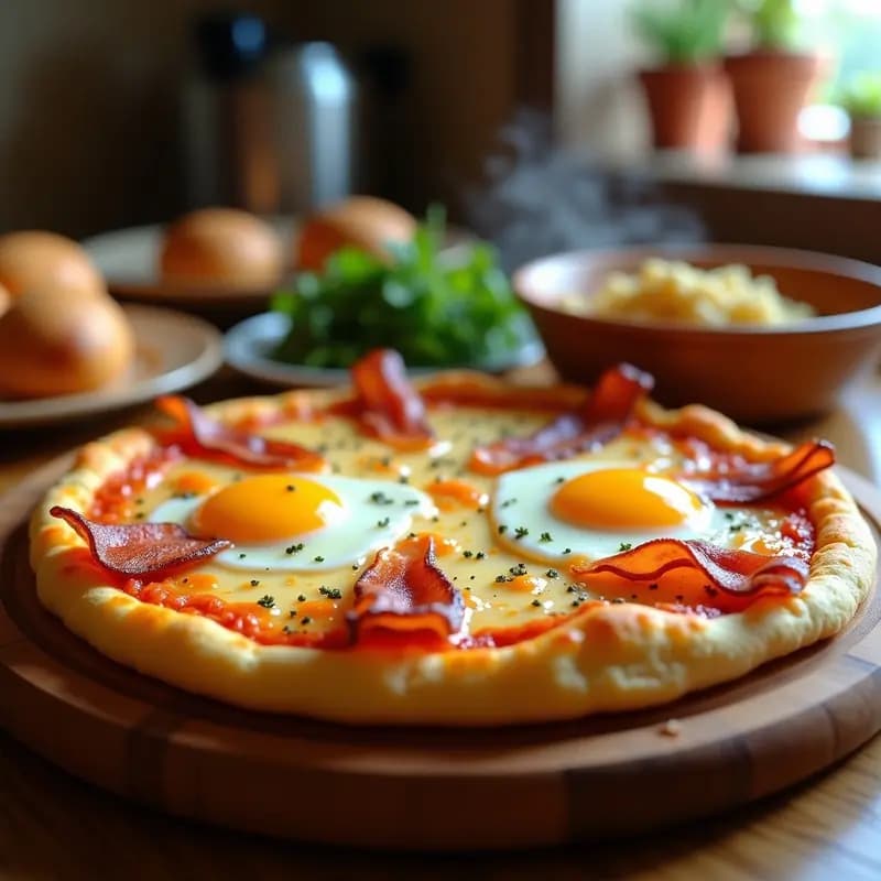 Pizza de desayuno con base de bizcocho dorado, cubierta de queso mozzarella fundido, huevos fritos con yema líquida, tocino crujiente y un toque de orégano. Plato servido en bandeja de madera rústica con fondo de cocina acogedora.