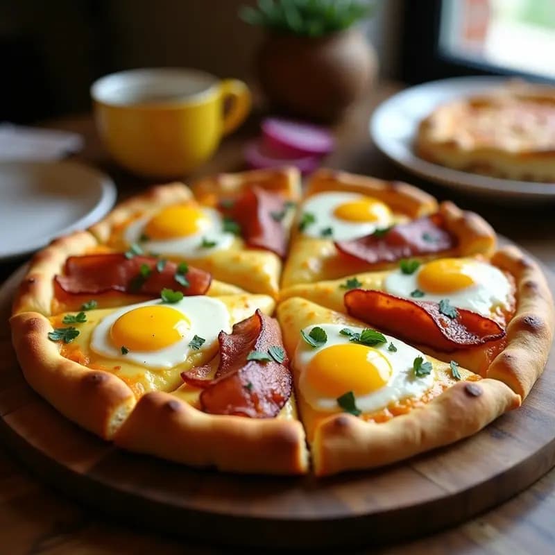Pizza de desayuno con base dorada de Go Sundays trituados, cubierta de huevos revueltos cremosos, tocino crujiente, salchichas Frankfurt doradas y queso cheddar fundido burbujeante, servida en bandeja de horno.