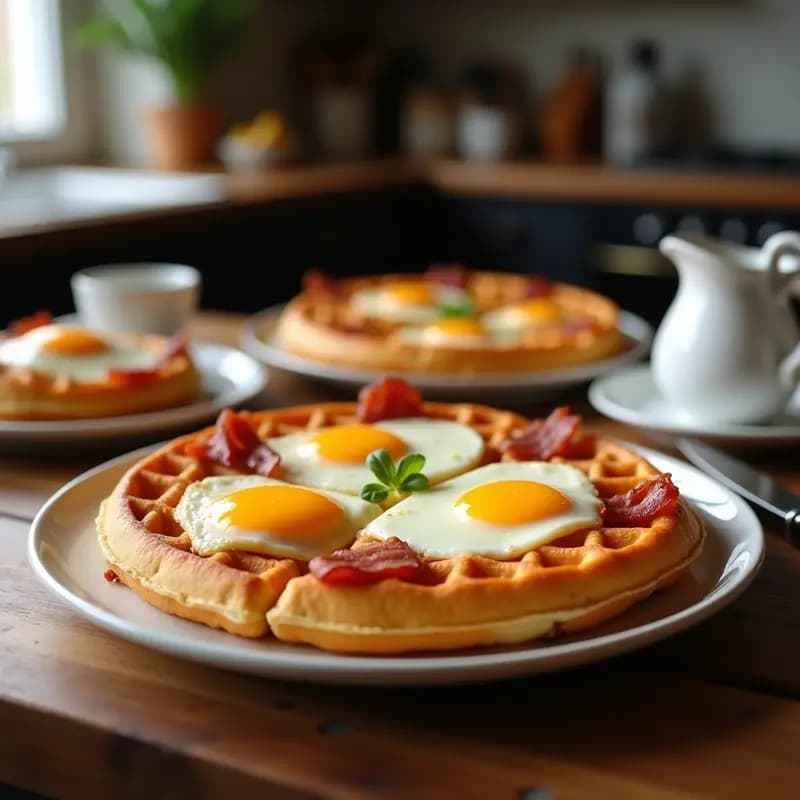 Pizza de desayuno con base de gofres dorados, cubierta de queso cheddar fundido, bacon crujiente, huevos fritos con yema líquida y cebolla morada salteada, servida en bandeja de horno con fondo borroso.
