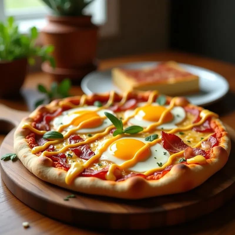 Pizza de desayuno dorada con base crujiente, cubierta de queso cheddar derretido, huevos fritos con yema líquida, bacon crujiente, cebolla morada y salsa hollandaise cremosa en espiral, servida sobre tabla de madera rústica.