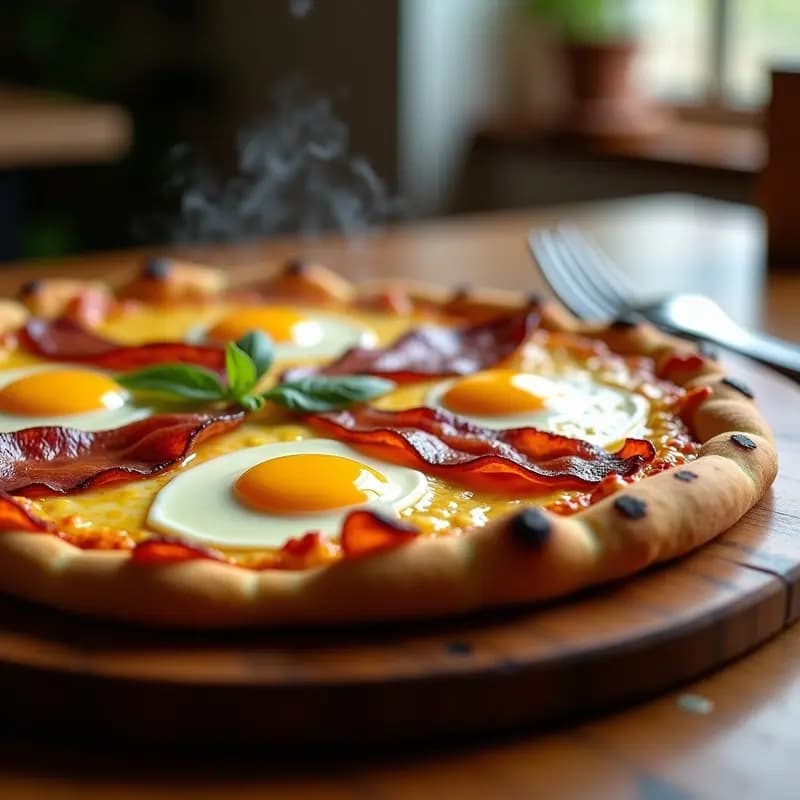 Pizza de desayuno horneada con base crujiente, cubierta de huevos fritos con yema líquida, bacon dorado, queso mozzarella y cheddar fundido, y bañada en salsa holandes cremosa. Plato servido en tabla de madera con fondo rústico.