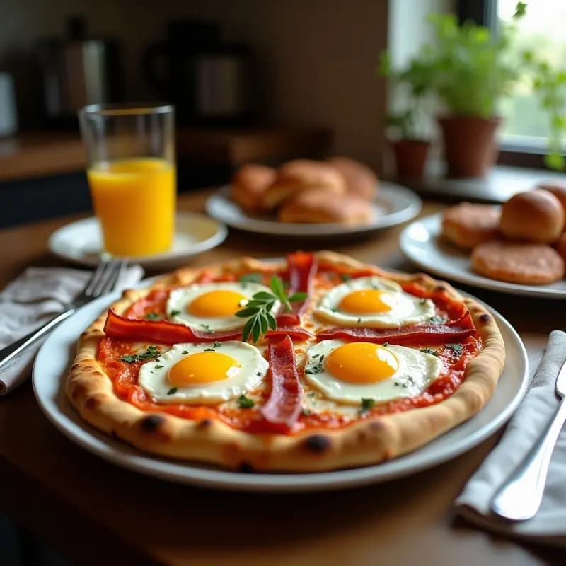 Pizza de desayuno dorada con base crujiente, cubierta de queso mozzarella fundido, bacon ahumado, rodajas de salchichas Frankfurt, huevos fritos con yema líquida y salsa holandesa cremosa espolvoreada con cebollino fresco. Receta de brunch hipercalórico y irresistible.