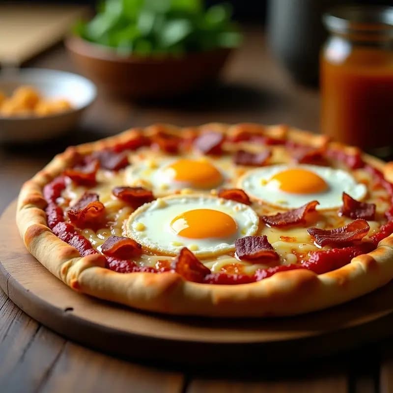Pizza de desayuno con masa fina dorada, cubierta de salsa de tomate, beicon crujiente, cebolla sofrita, huevos fritos con yema líquida y queso cheddar fundido, servida en bandeja de madera rústica.