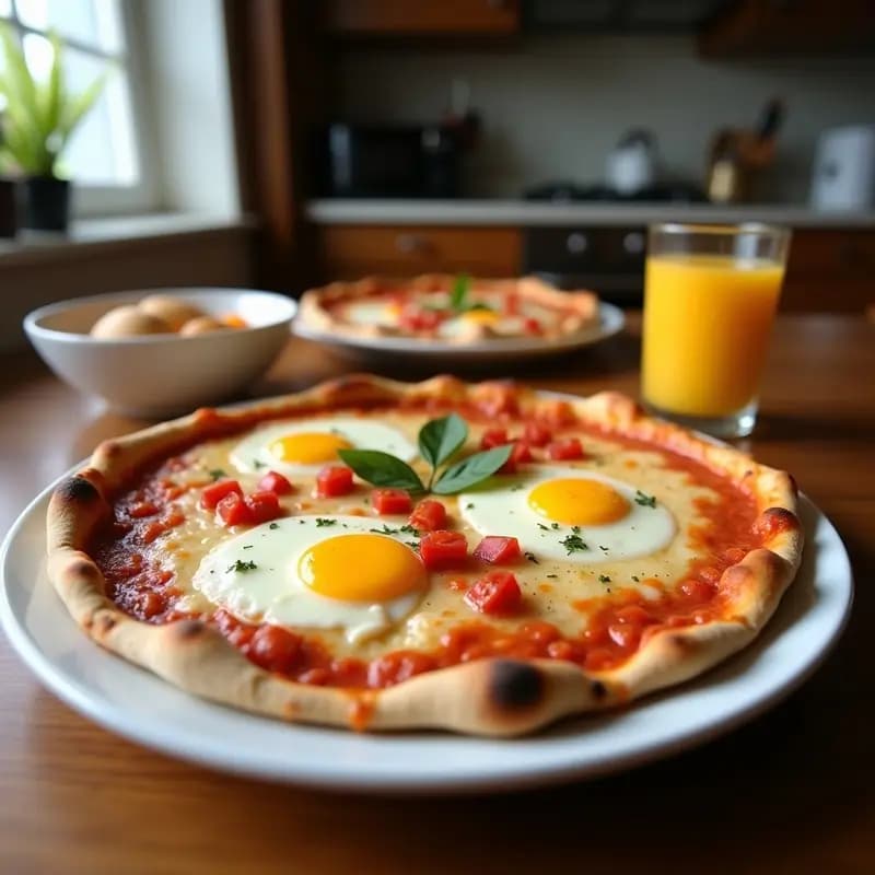Pizza de desayuno dorada con base crujiente, cubierta de queso mozzarella y cheddar fundido, huevos fritos con yema líquida, panceta crujiente, cebolla sofrita y hilos de salsa barbacoa y picante. Receta de pizza de desayuno con huevos fritos salsas picantes y queso mozzarella.