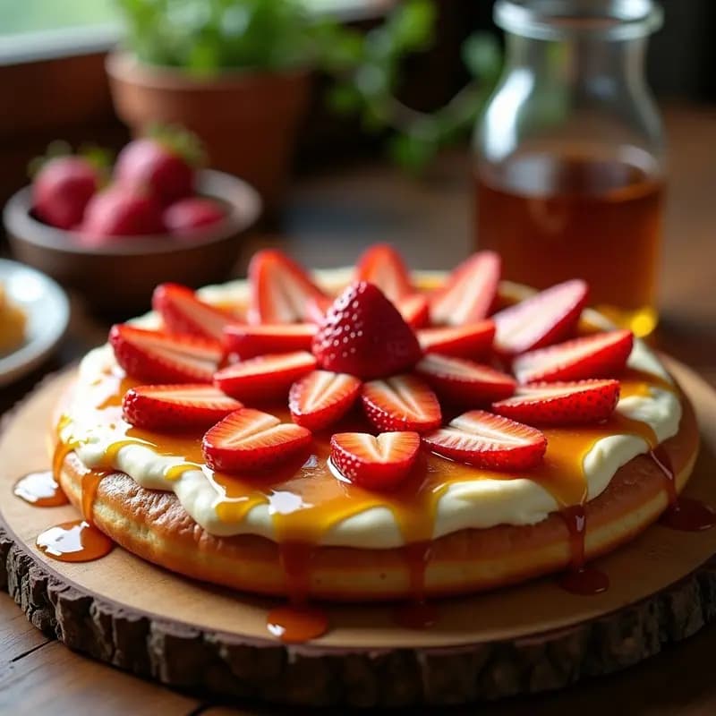 Pizza de donut glaseada con base de donuts dorados, capa abundante de queso crema, fresas frescas en rodajas y sirope de arce brillante, servida en bandeja de madera rústica.